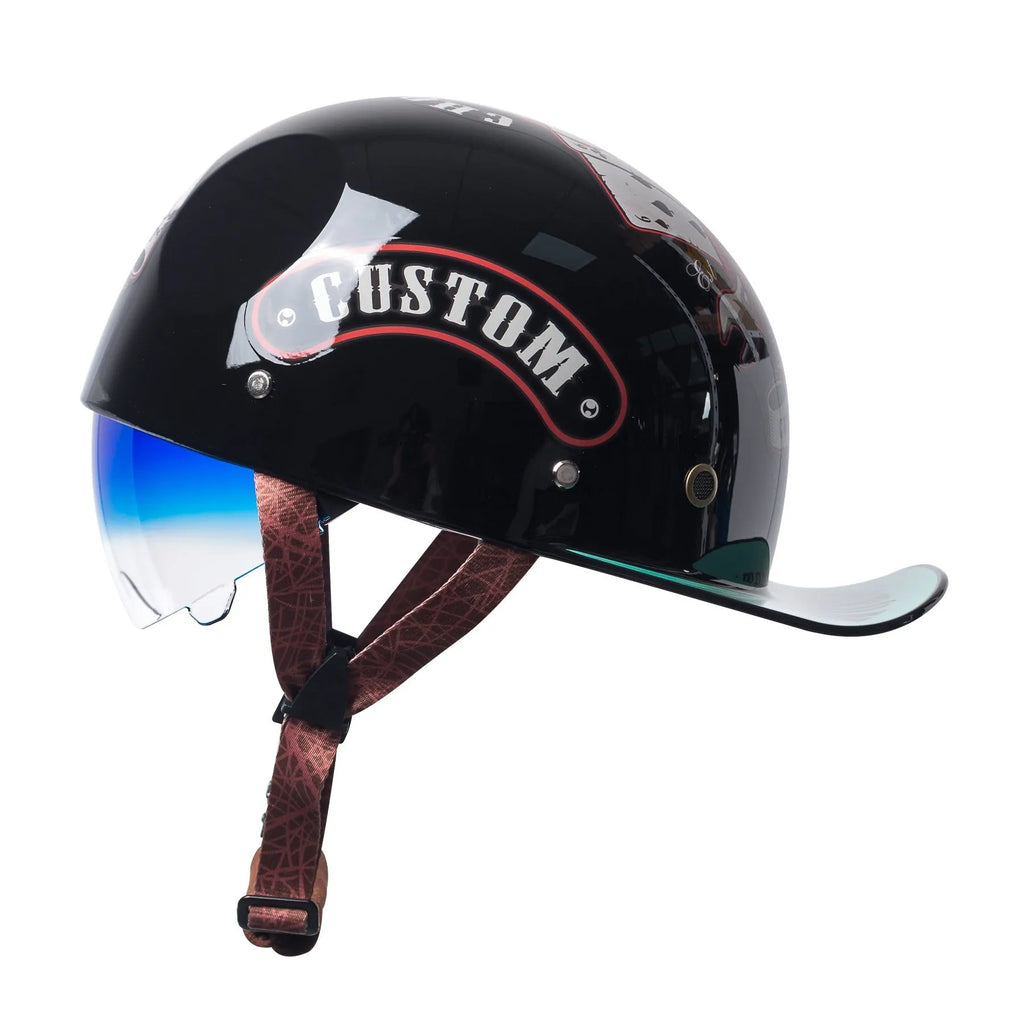 Men's electric bicycle retro half helmet in bright black gradient blue colour with matching gradient blue lens