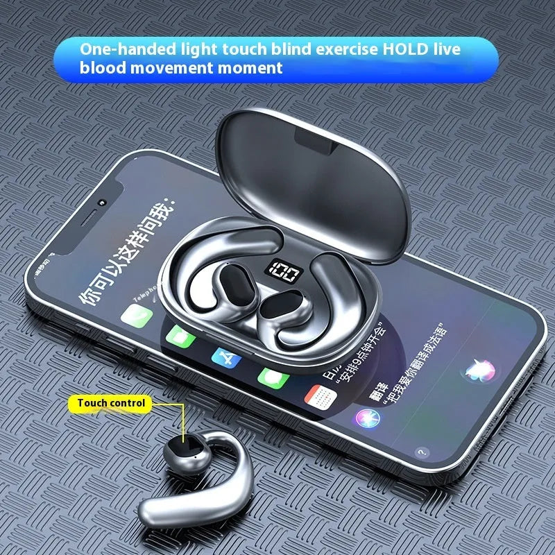 Black ear-mounted Bluetooth headset with non in-ear design showing digital display screen
