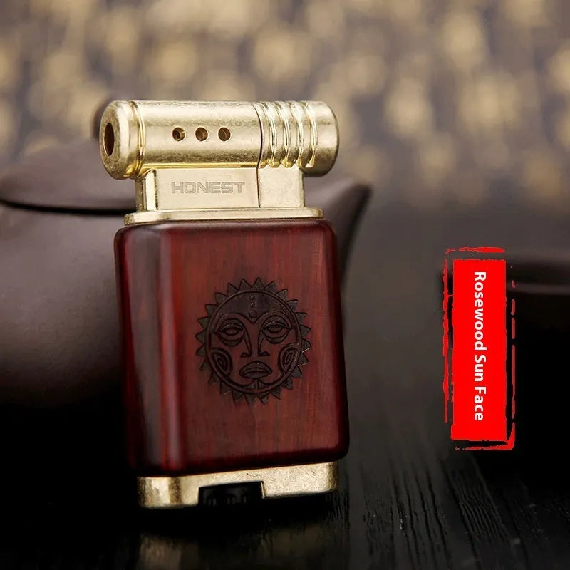Ebony gas lighter with black wood finish and rosewood decorative detailing
