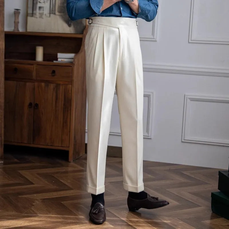 Men's high waist straight-leg casual trousers in black, shown laid flat.