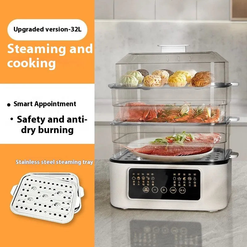 28-litre capacity electric steamer with stainless steel rack and automatic measuring function
