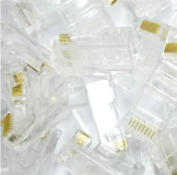 White RJ45 modular plug with three-fork gold-plated contacts for Ethernet cable termination