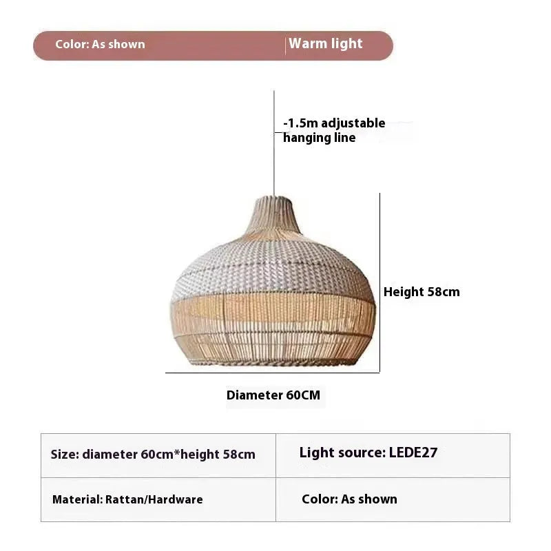 60cm woven rattan chandelier in pastoral Southeast Asian style for living room