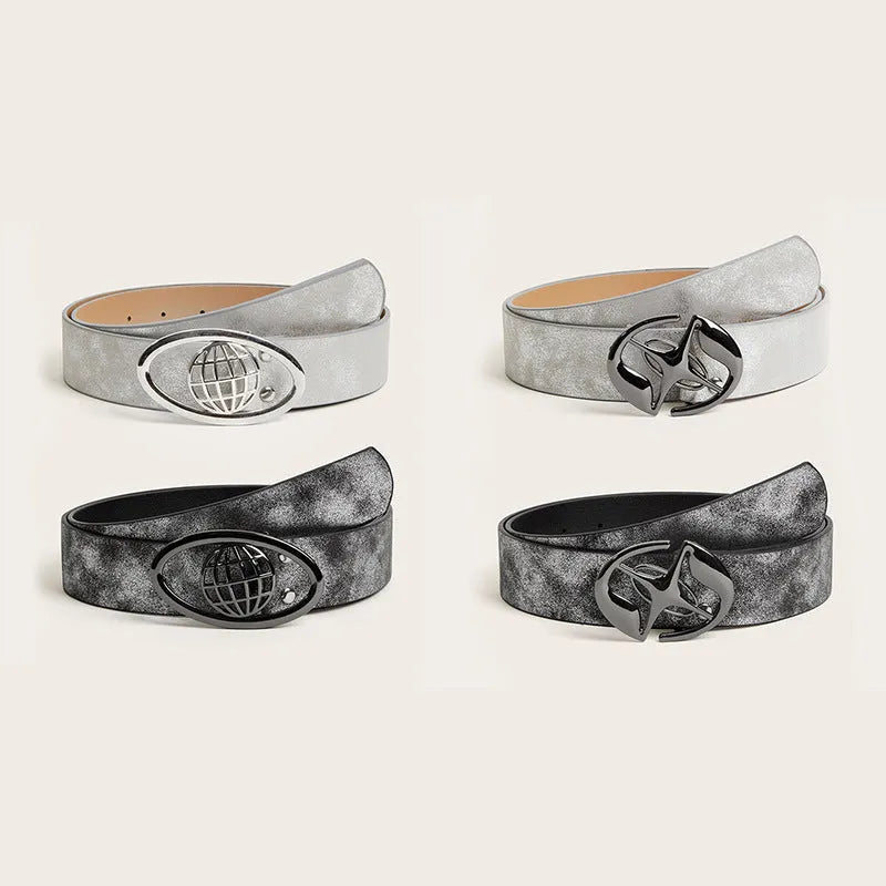 Retro women's belt with oval alloy buckle in thick PU leather, earth style grey white colour