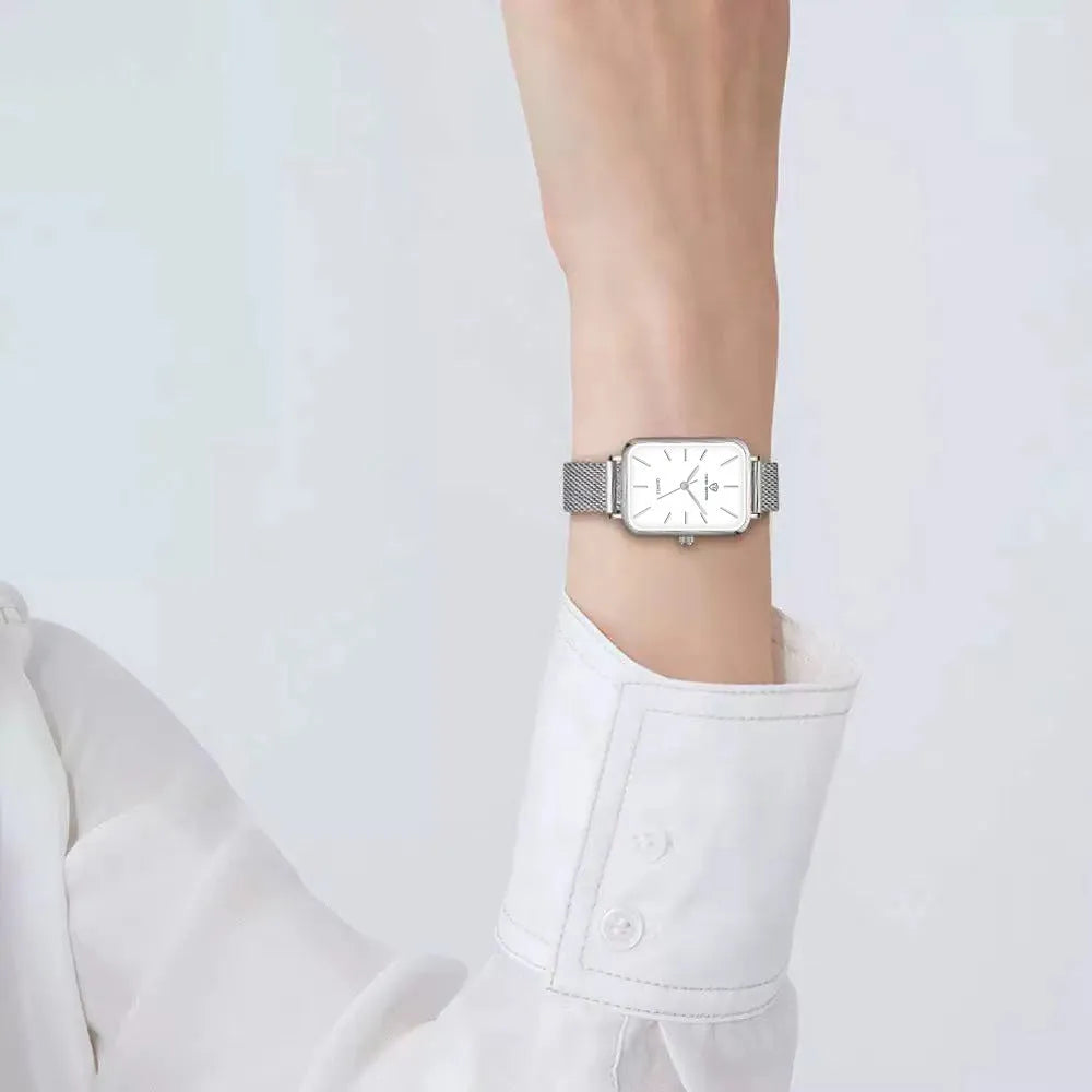 Women's waterproof quartz watch with alloy case and woven steel strap