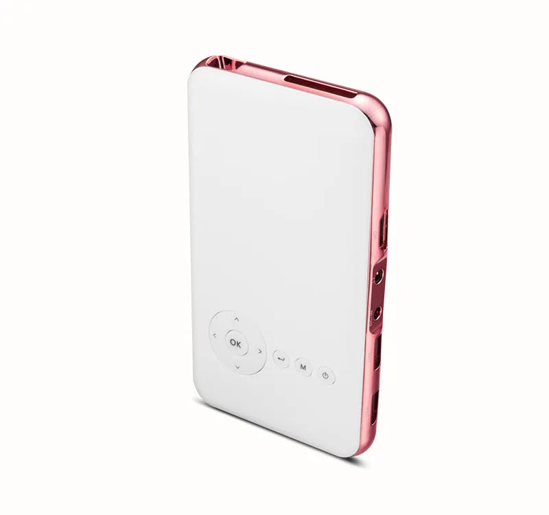 M6S miniature white and rose gold Android DLP projector showing compact 145mm design