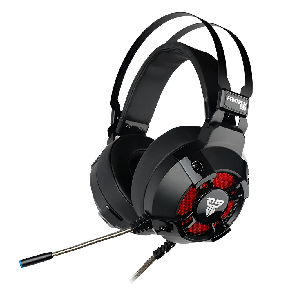 Black FANTECH HG11 USB gaming headset with large earcups, an adjustable microphone, and RGB lighting on the sides.