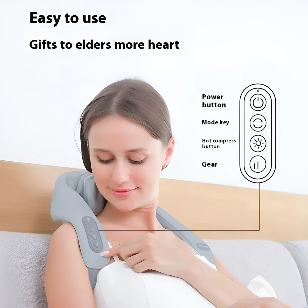 Grey USB-powered neck and back massager with infrared physiotherapy function and dual gear settings