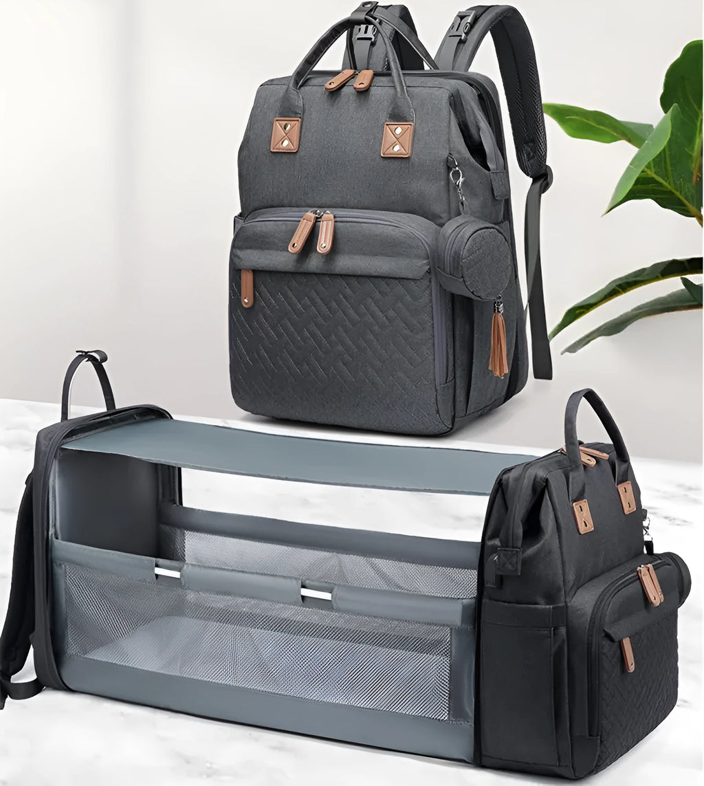 Oxford baby diaper backpack in black with vertical square shape, soft handles, and visible sewing lines
