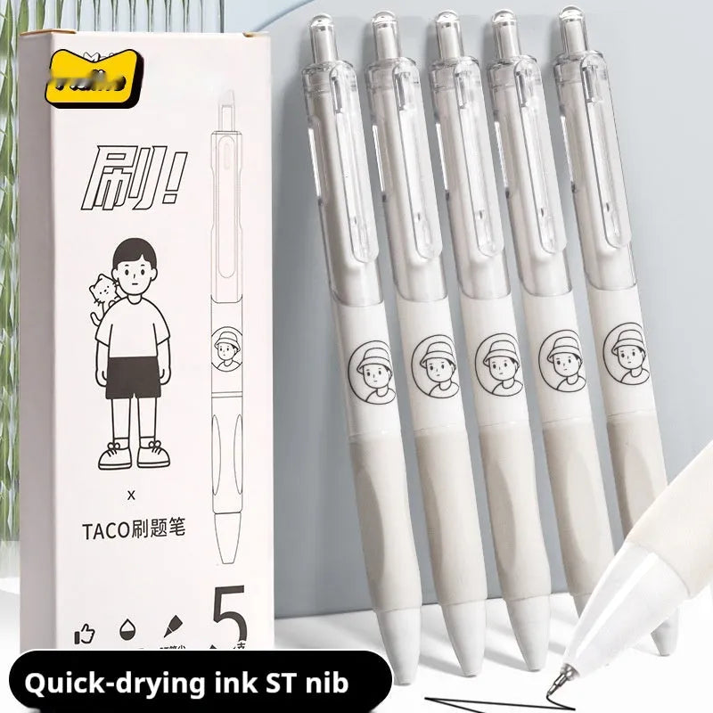 Five white ballpoint pens with black ink and 0.5mm tips arranged together.