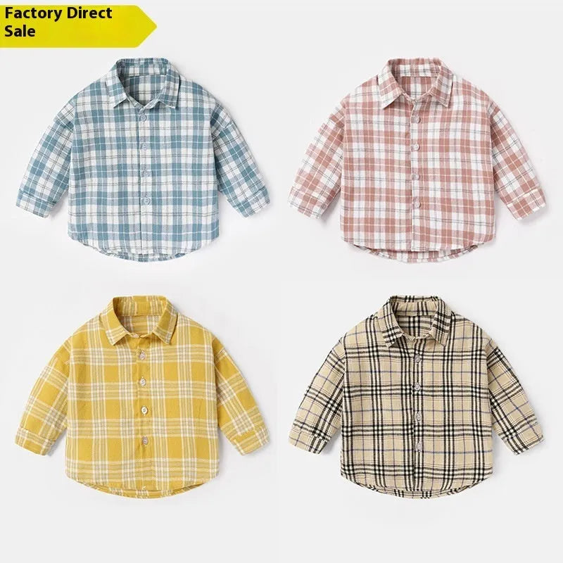 A boy's casual cotton lattice shirt with animal patterns, shown in khaki, light blue, pink, or yellow colour options.