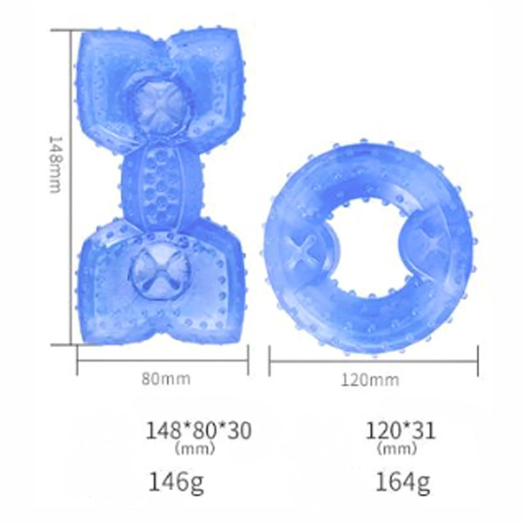 Freezable bone-shaped dog teether chew toy shown next to a circle-shaped version, both with treat-filling holes.