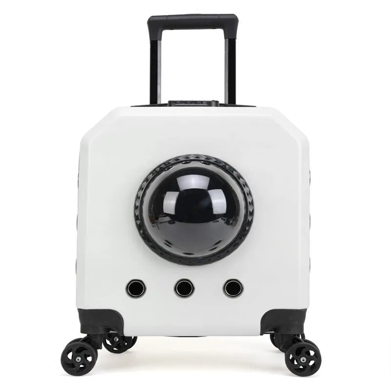 Hard shell PVC pet flight case trolley carrier in pink colour with luggage compartment