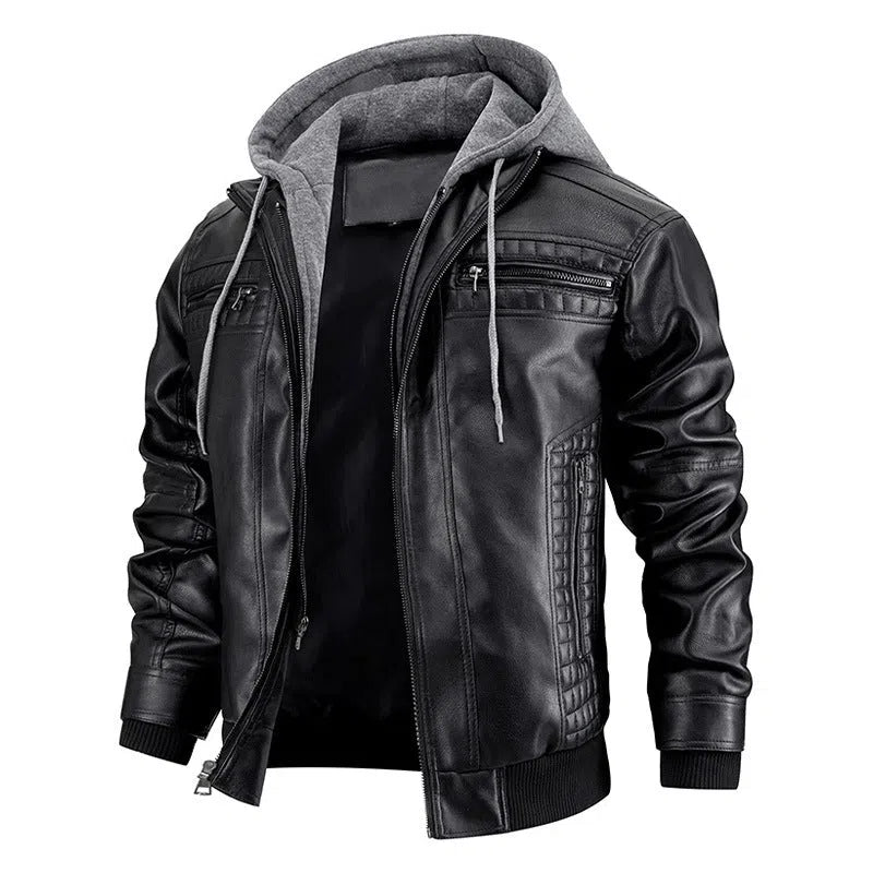 Men's hooded PU leather jacket with zipper pockets, black colour, shown front view