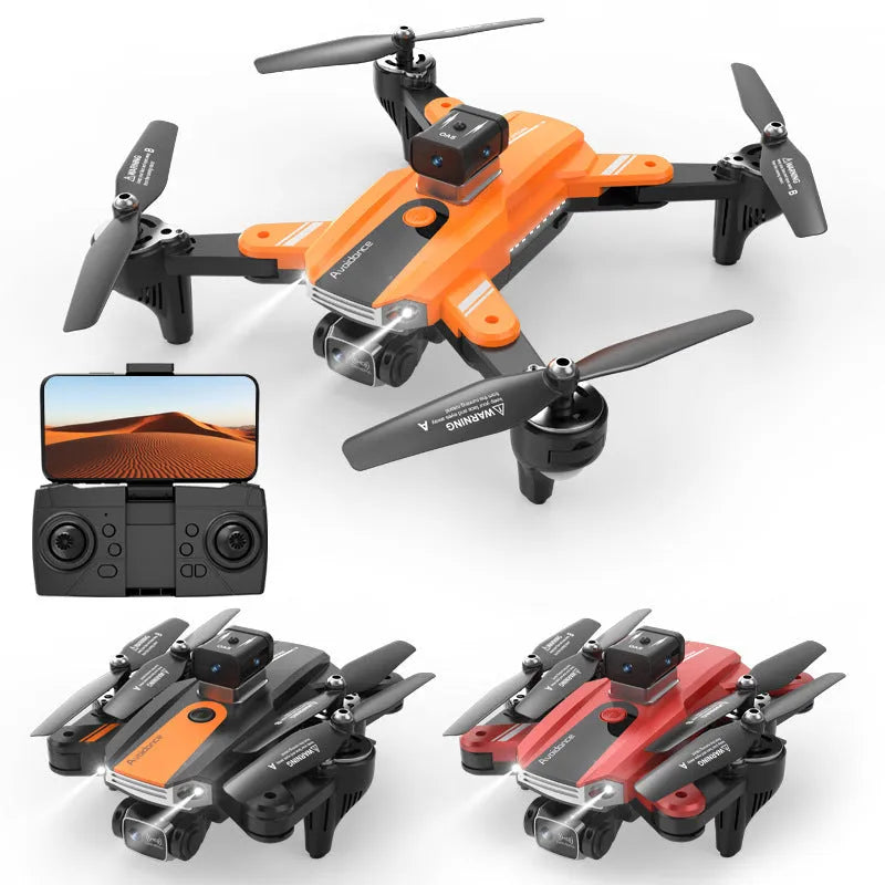 Compact orange quadcopter drone with four propellers and a dual camera system on a black background.