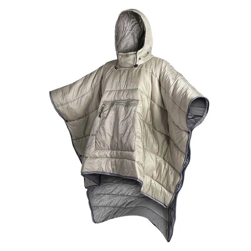 Adult outdoor cloak sleeping bag in Army Green or Gray, shown as wearable cape and laid flat as 200x140cm blanket
