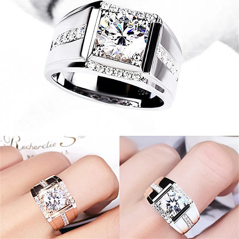 Men's adjustable open mouth ring with electroplated finish and geometric diamond pattern