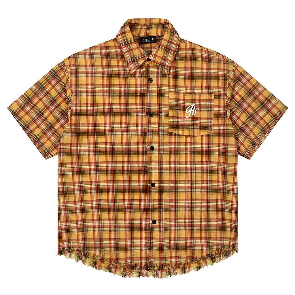 Yellow plaid short sleeve shirt with embroidery on chest pocket, loose fit design