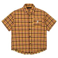 Yellow plaid short sleeve shirt with embroidery on chest pocket, loose fit design