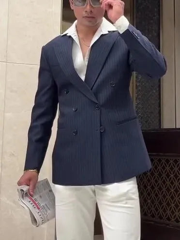 Men's striped double breasted blazer in regular length and fit