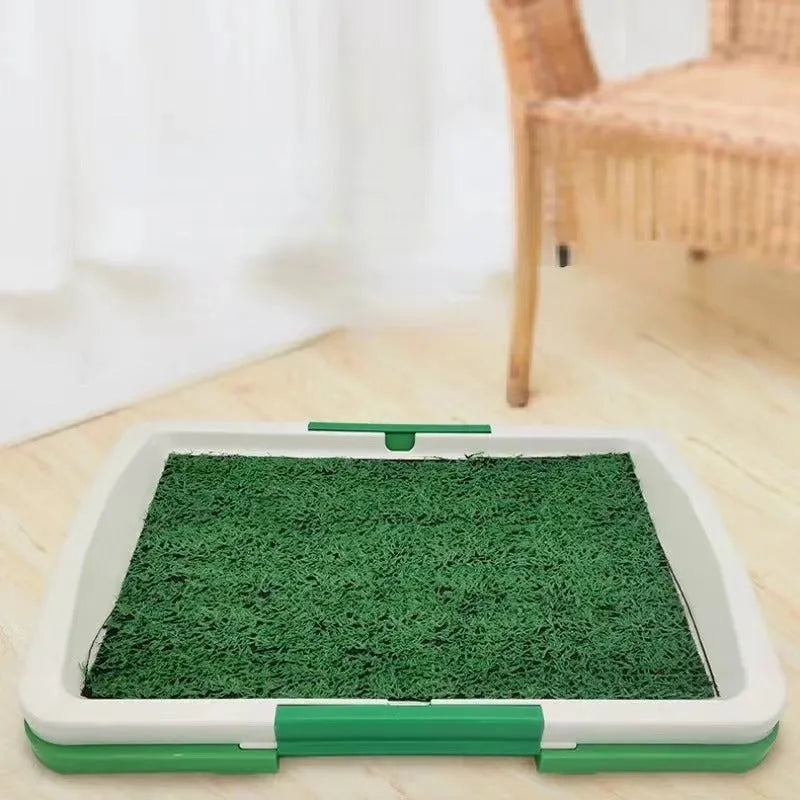 Green synthetic turf dog grass patch with three-layer tray for indoor puppy toilet training