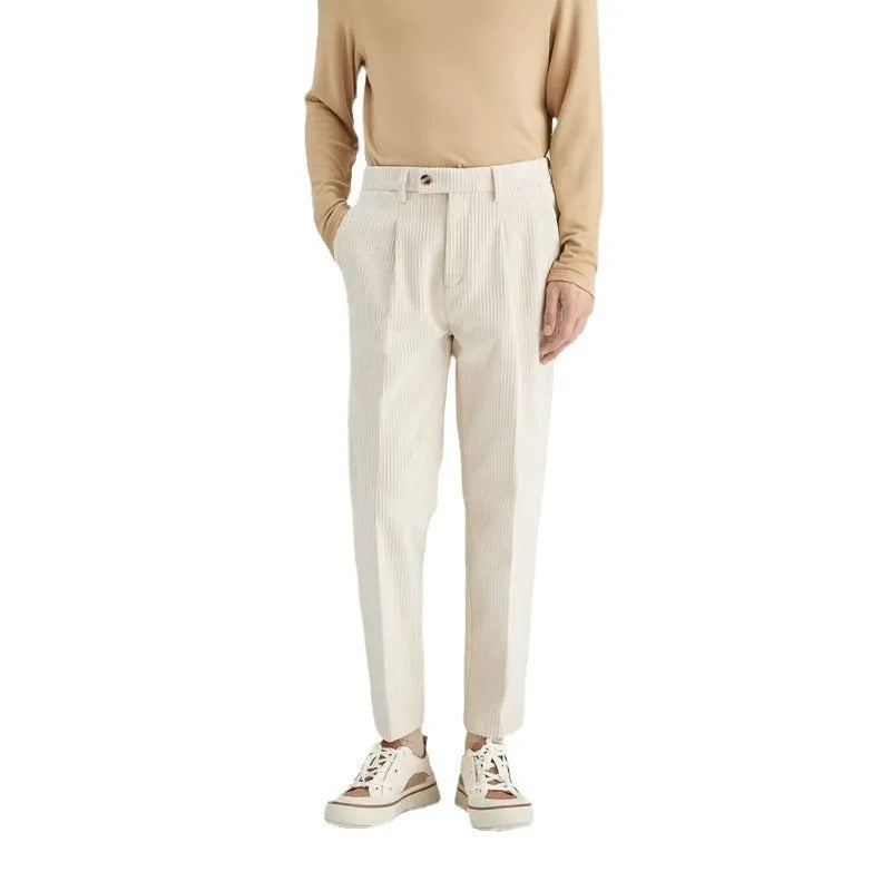 Men's beige straight-leg corduroy trousers with a loose fit and mid-waist design