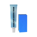 Blue car glass oil film remover tool and soft sponge applicator on a white background.