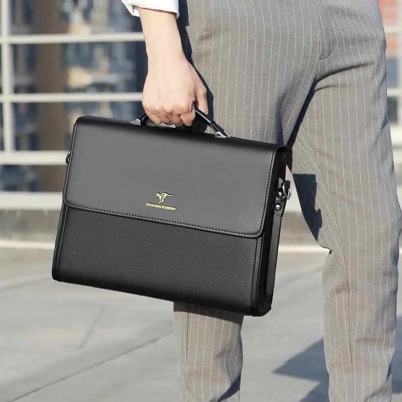 Men's horizontal waterproof PU leather briefcase in black for business commute
