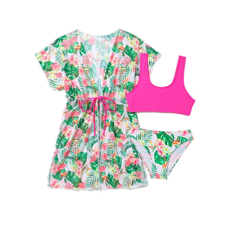 Girls' floral two-piece swimsuit with matching split overlayer in polyester fabric