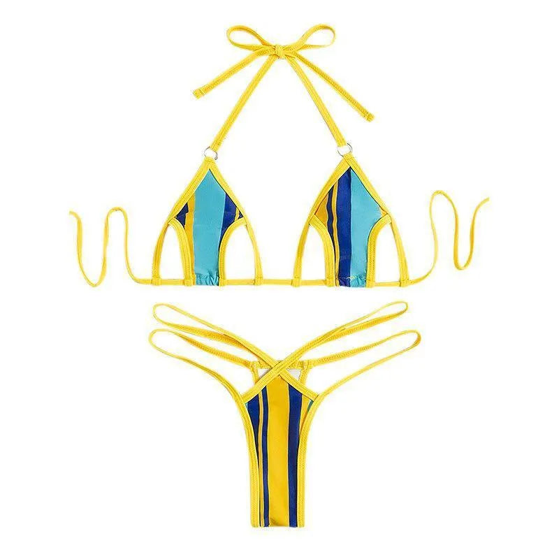 Yellow women's split swimsuit with high waist, backless design and neck-hanging style