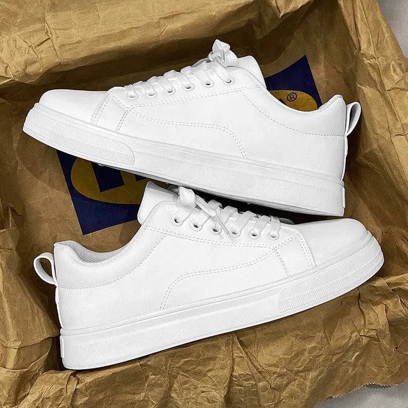 Men's Korean-style breathable sneakers in all black, all white, and black on white colour options
