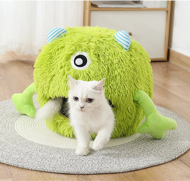Fluffy round plush cat bed with non-slip base, shown in three sizes: small, medium, and large.