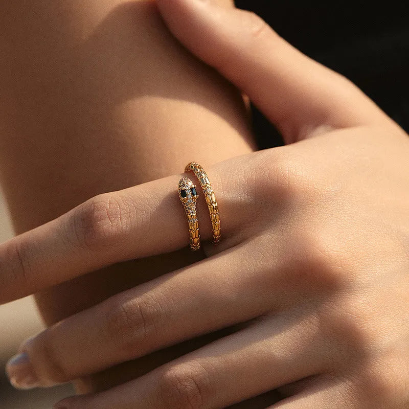 Adjustable copper snake ring with 18K gold colour plating and diamond treatment surface