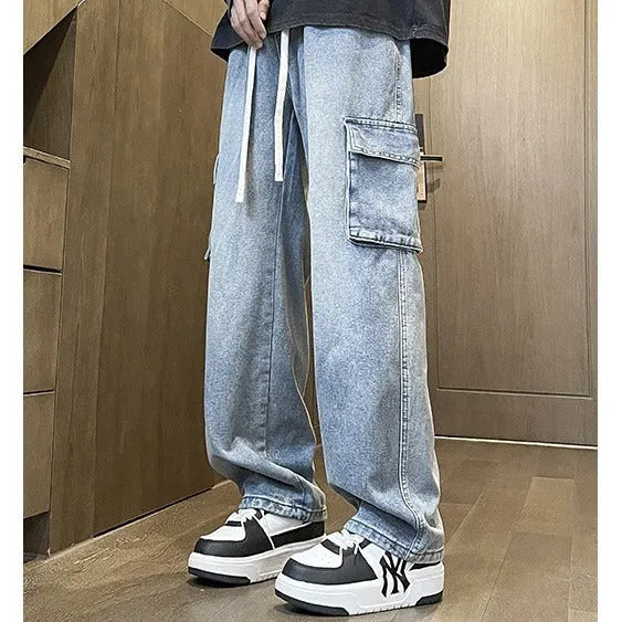 Men's straight leg cotton jeans in light blue and dark blue American retro style for spring