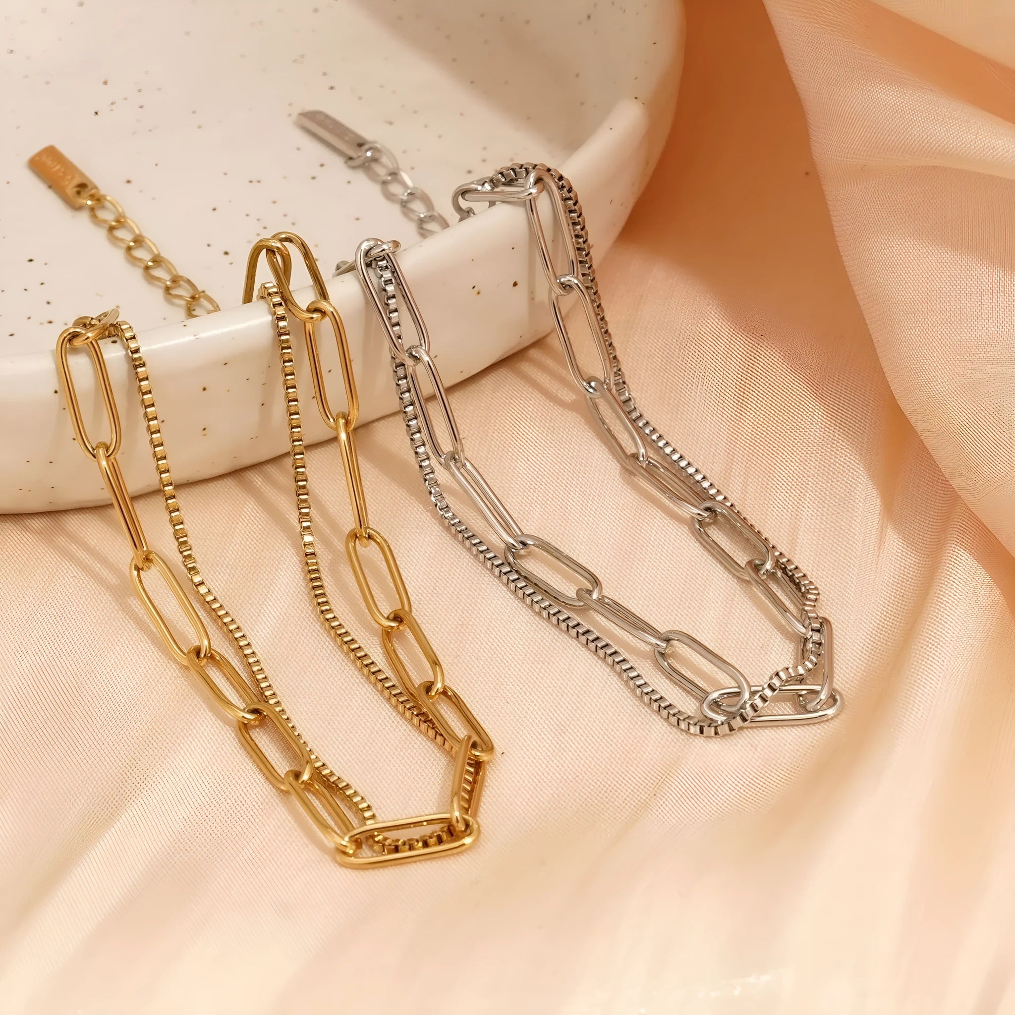 Geometric line women's bracelet with double layer stainless steel construction in gold or silver electroplated finish