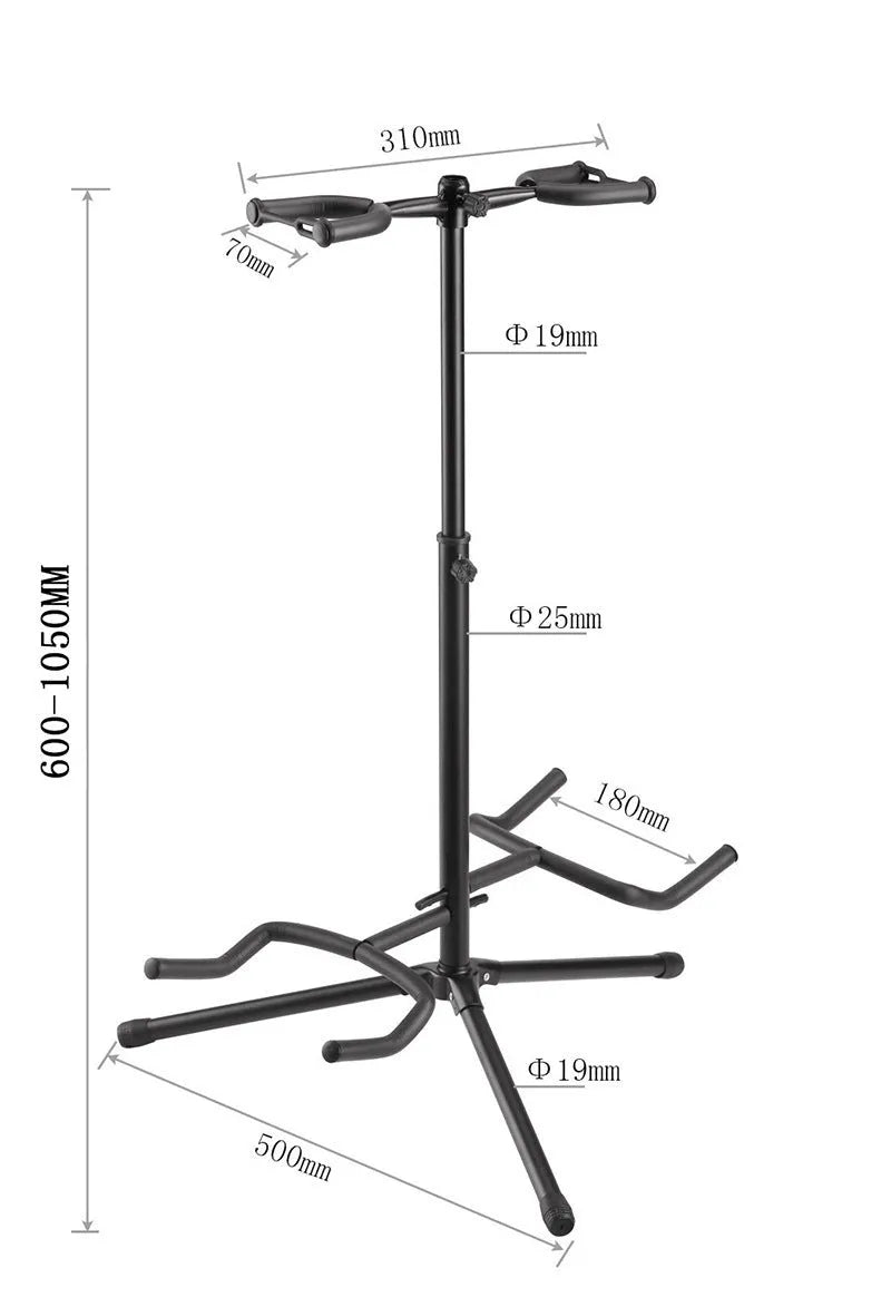 Black vertical double-headed adjustable guitar stand for electric and acoustic guitars
