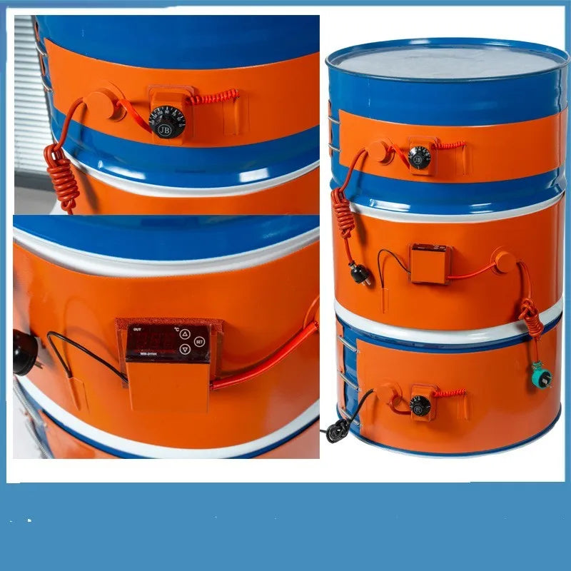 Silicone rubber heating belt wrapped around 200-litre oil drum with digital control display visible