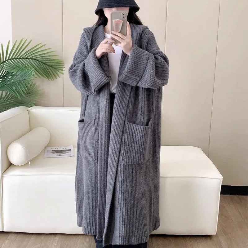 Women's loose hooded cardigan coat in 80cm length with raglan sleeves in five colour options