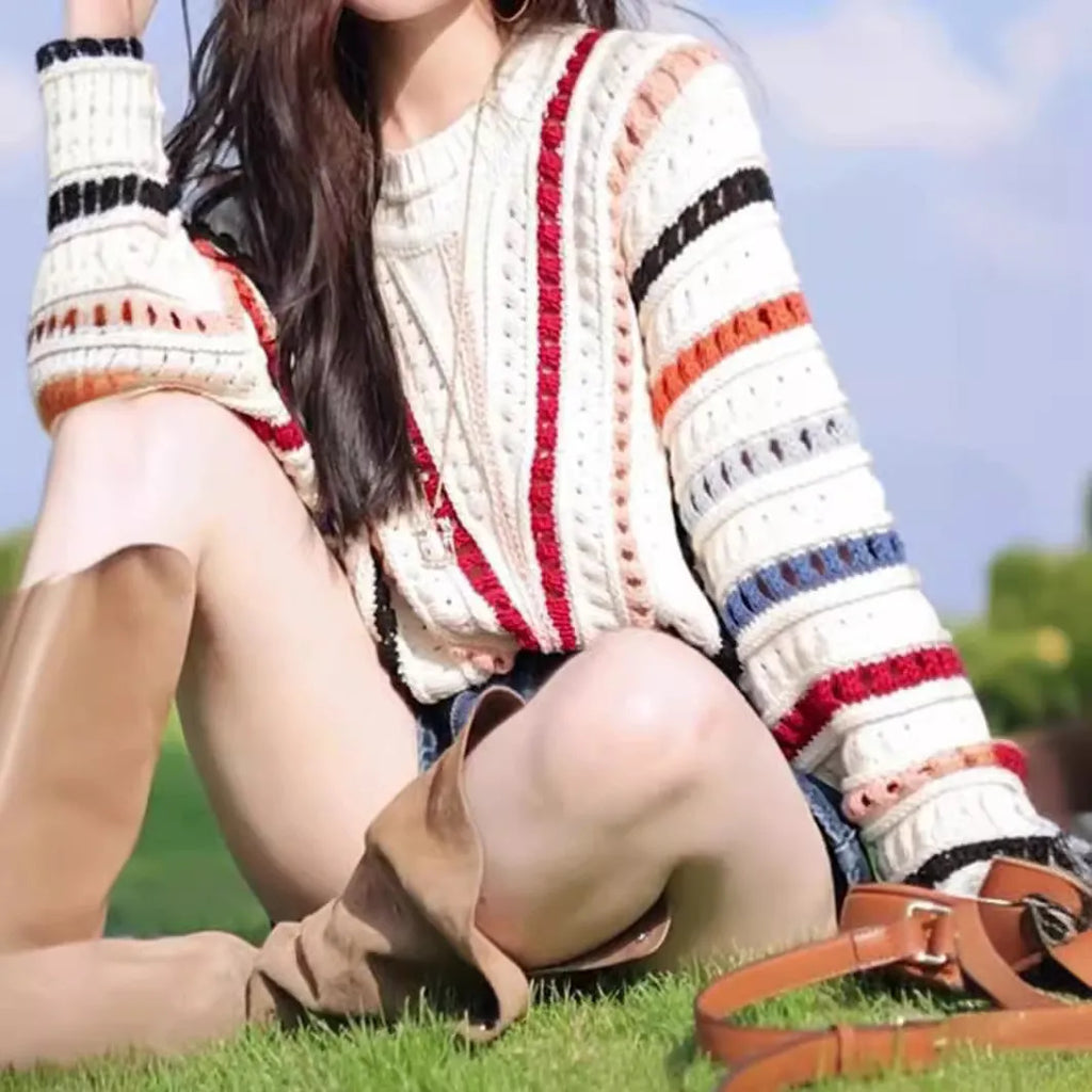 Women's rainbow striped hollow knit sweater with batwing sleeves and round neck in loose fit