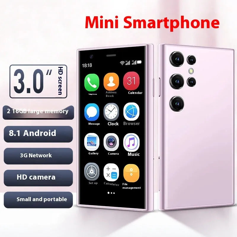 Mini Android smartphone with 30 screen in black, green, or pink purple colours