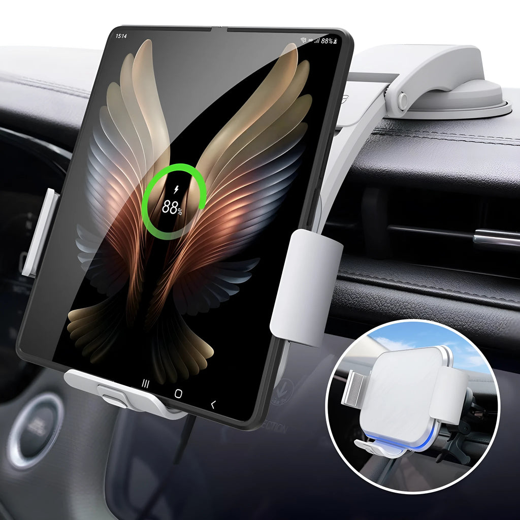 Grey wireless charging car phone holder with folding screen, showing air conditioner clip and suction cup mounting options
