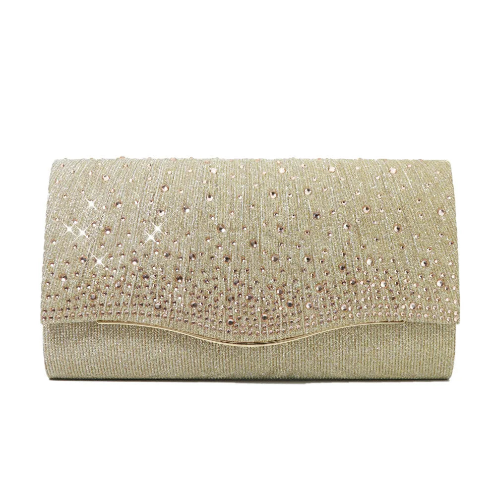 Woven fabric horizontal square dinner clutch with rhinestone diamond pattern, available in black, for women's party and daily use.