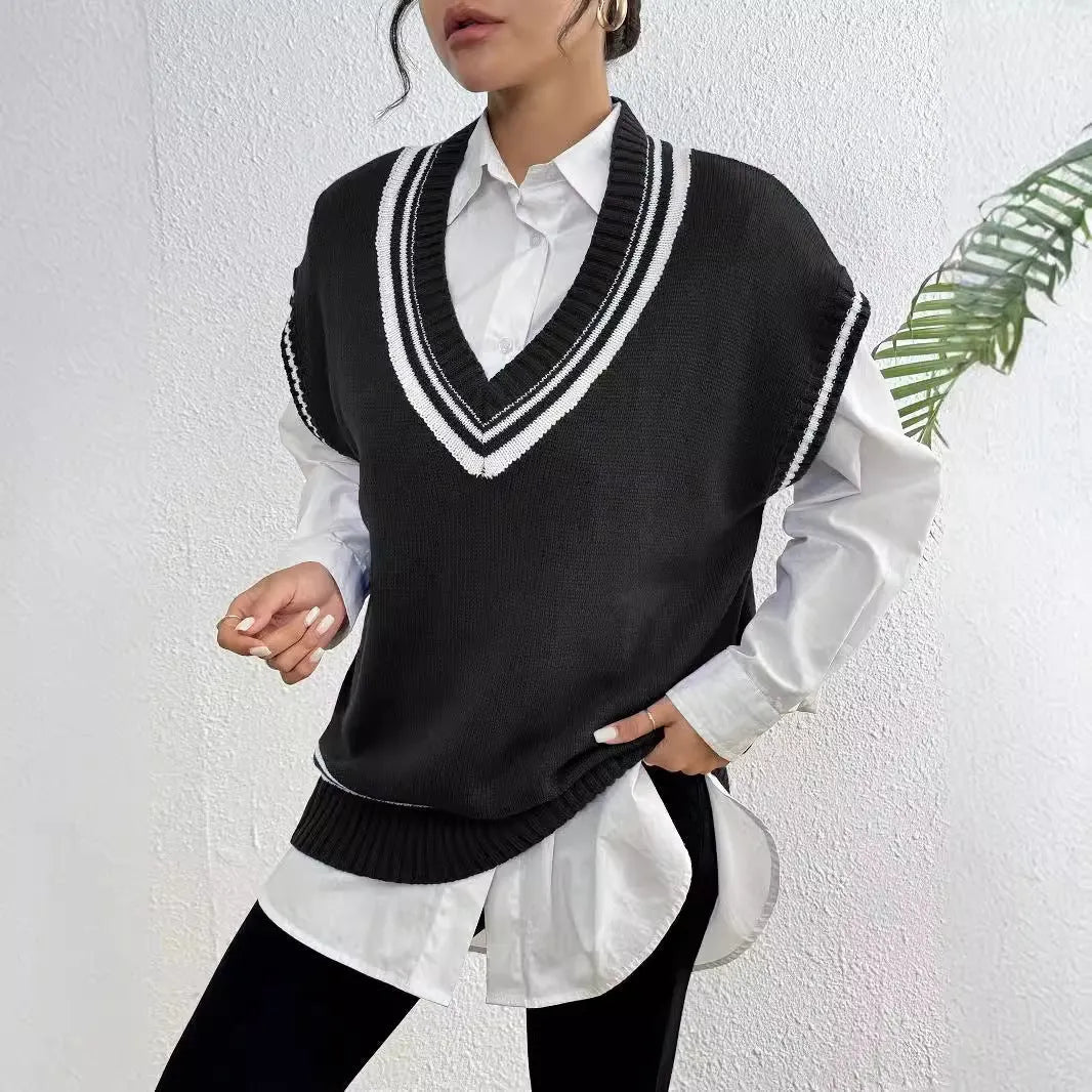 Women's college style loose fit vest sweater in black, blue, and coffee colour options