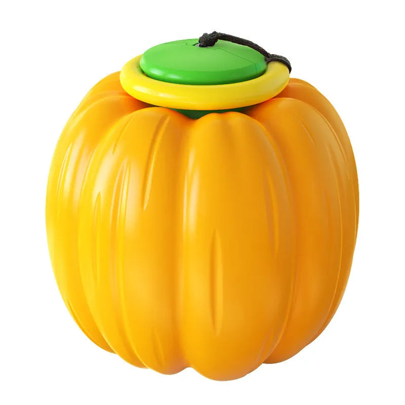 Green, orange, and yellow plastic pumpkin-shaped dog toy ball with squeaker for small dogs.
