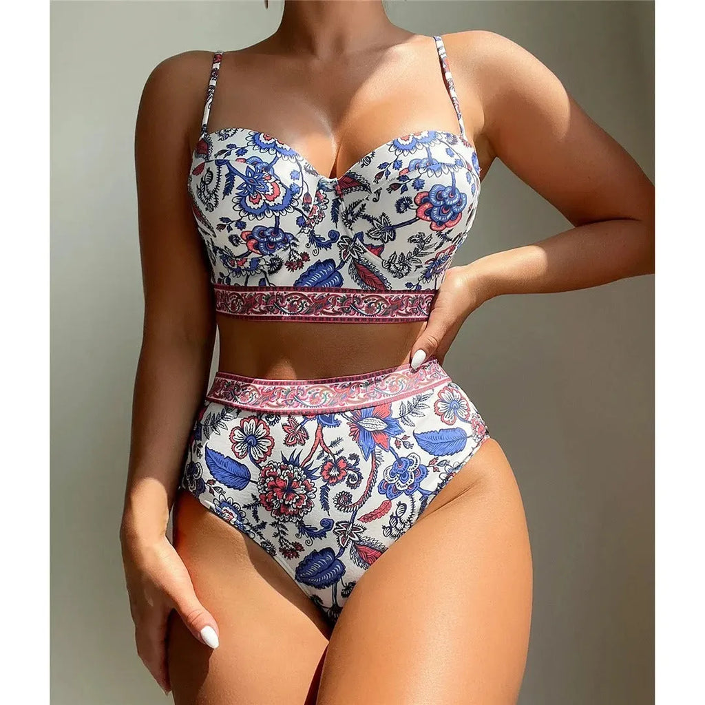 Blue women's high waist push-up bikini swimsuit on mannequin