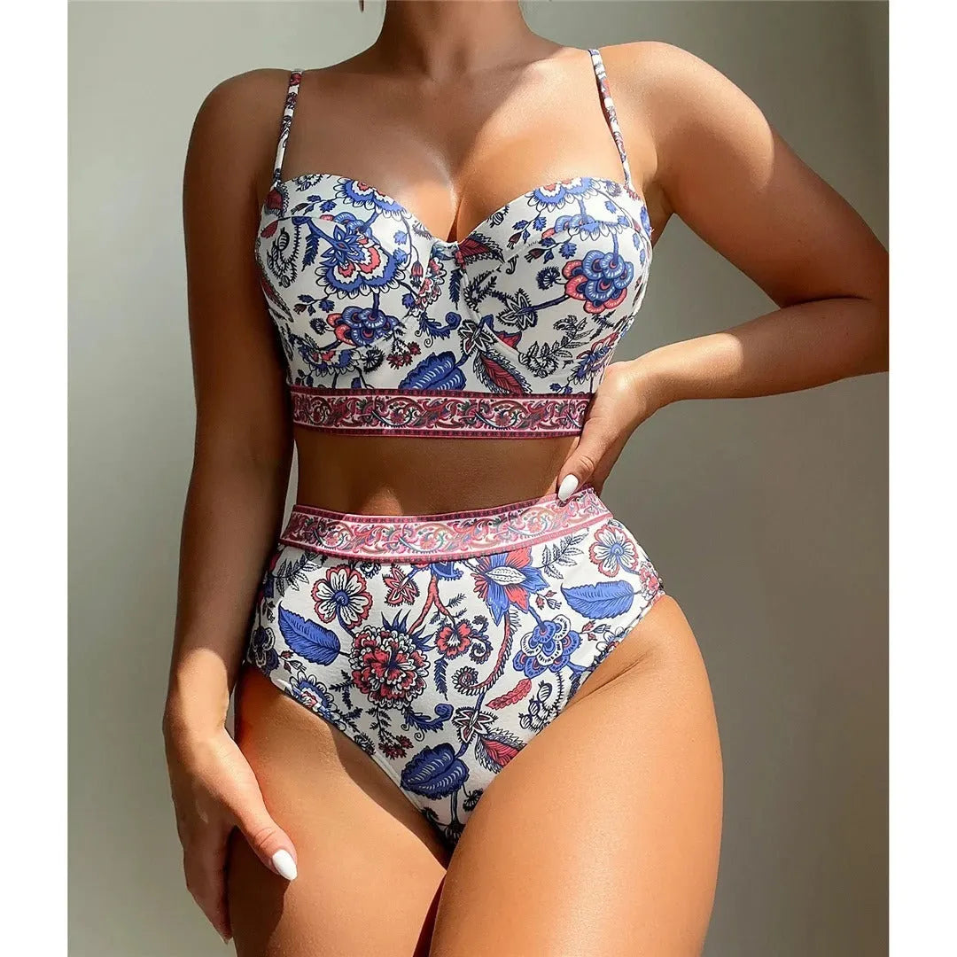 Blue women's high waist push-up bikini swimsuit on mannequin