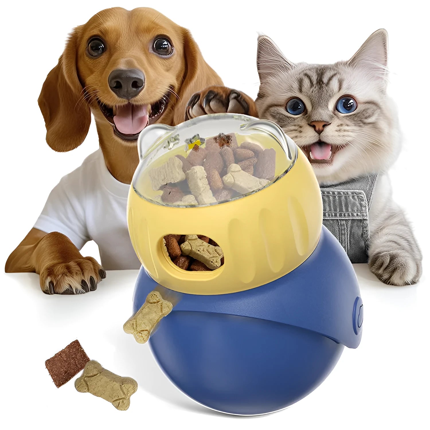 Owl-shaped plastic tumbler cat toy in morandi yellow and blue colours, designed as a puzzle food feeder.