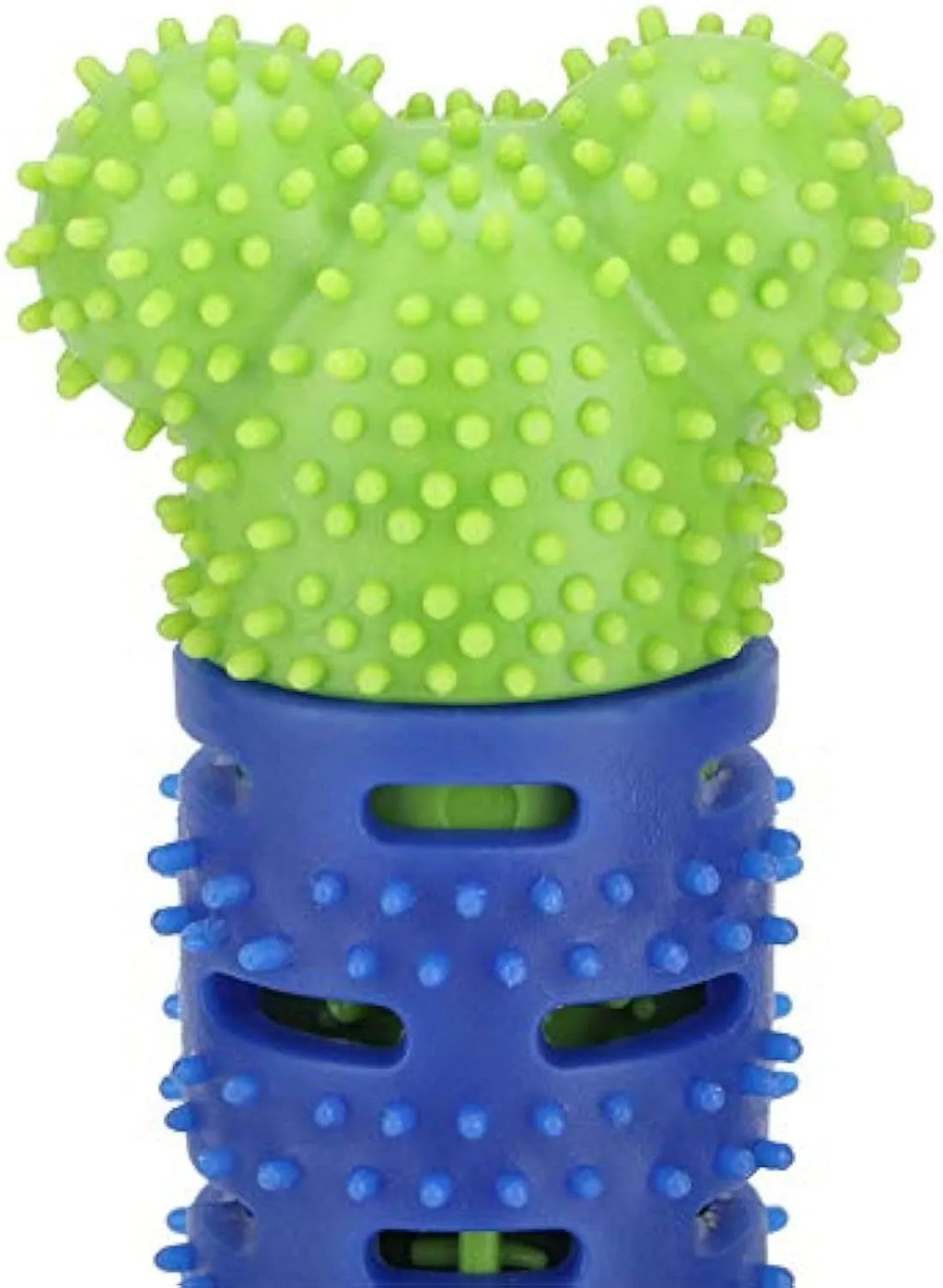 Blue green silicone dog dental cleaning stick with brush head design and gum massage nodules