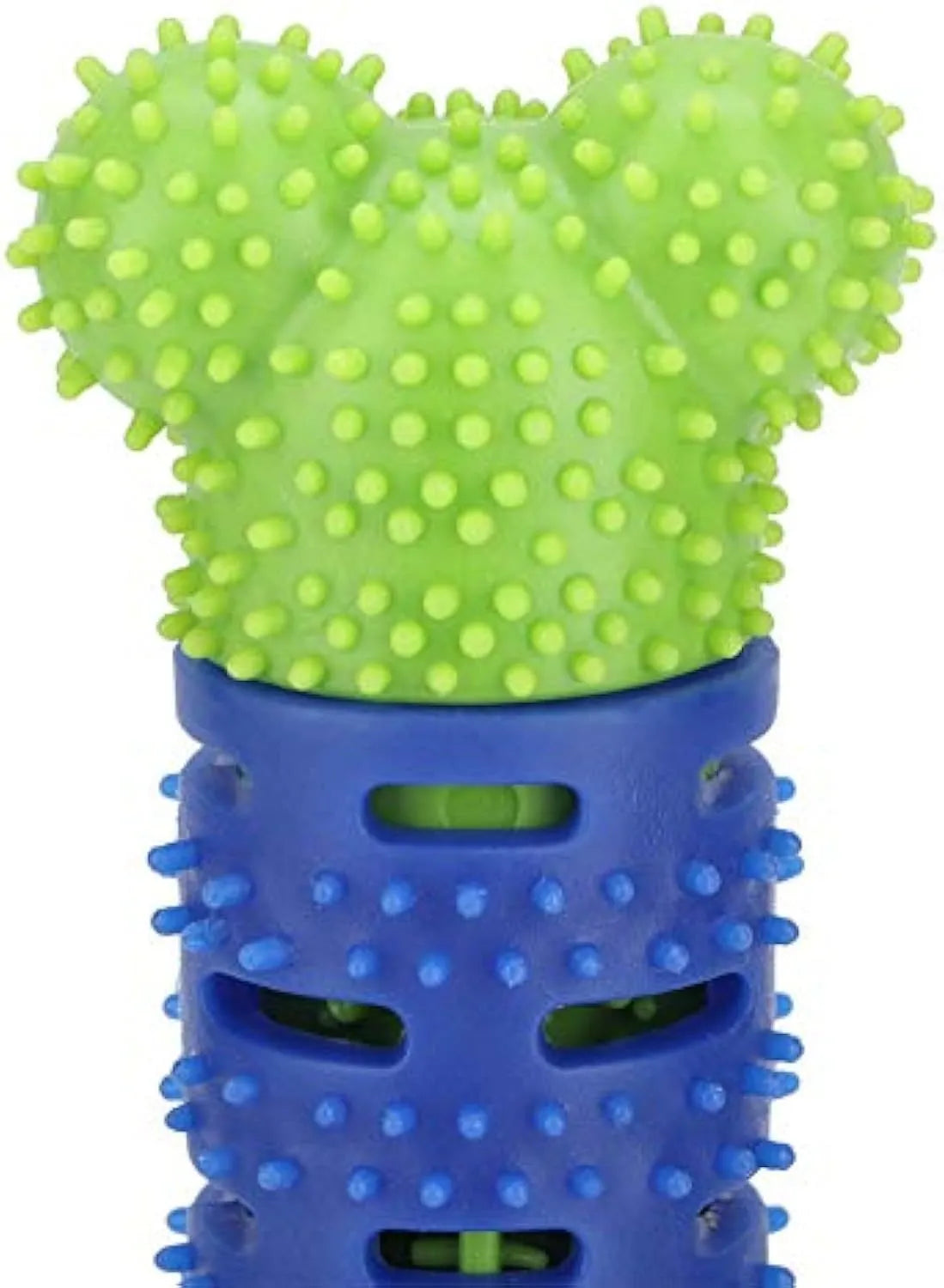 Blue green silicone dog dental cleaning stick with brush head design and gum massage nodules