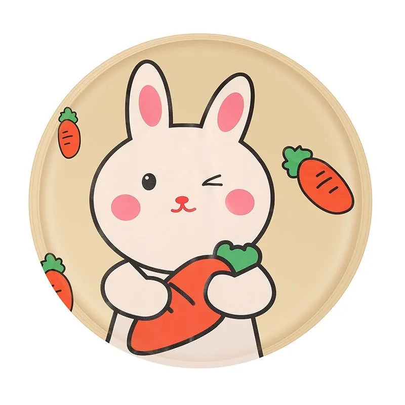 Round cartoon dog cooling mat in beige bunny design showing fabric construction and gel filling